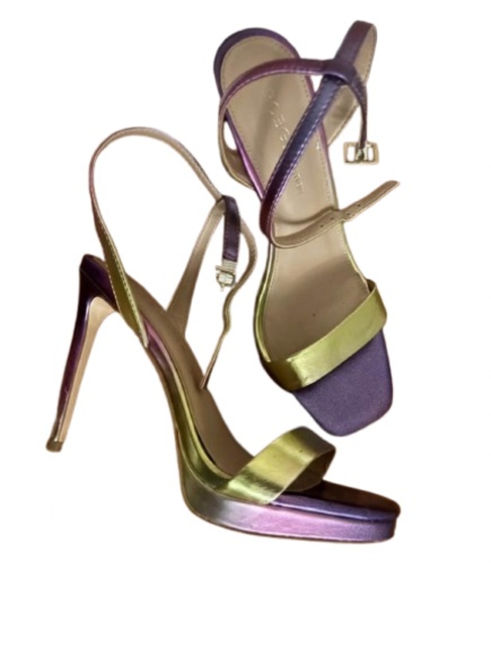 BCBGeneration Iridescent Purple and Gold Strappy Platform Heels